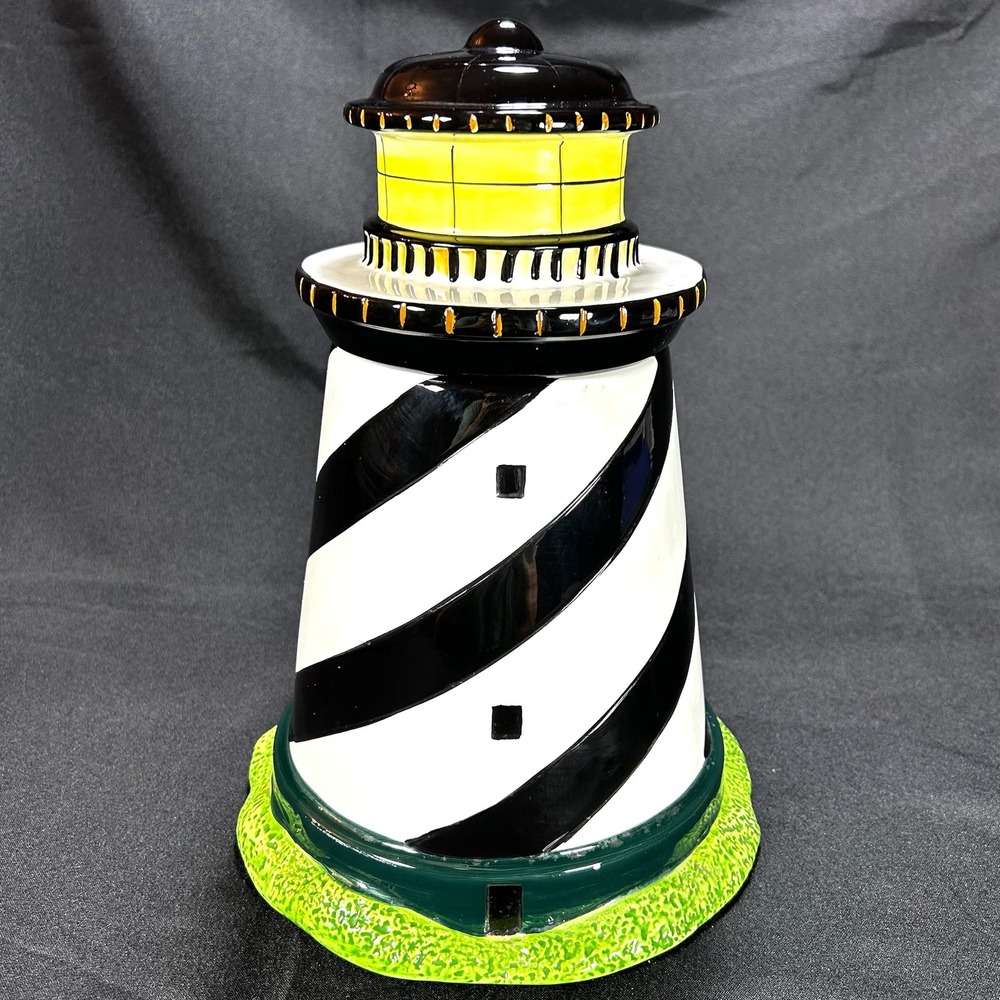 Sakura Coastal Breeze Lighthouse Cookie Jar 1998 Black White Stripe Ceramic Jar